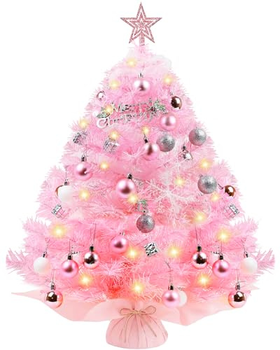 Weihnachtsbaum Klein 60cm, Mini Weihnachtsbaum Rosa mit LED Beleuchtung, Tisch Weihnachtsbaum Geschmückt, Künstlicher Weihnachtsbaum für Küche/Wohnstube/Kinderzimmer/Büro