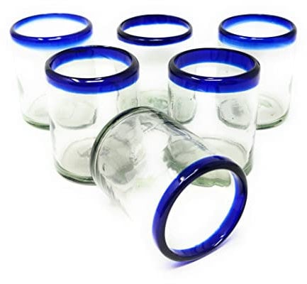 Hand Blown Mexican Drinking Glasses - Set of 6 Tumbler Glasses with Cobalt Blue Rims (10 oz each)