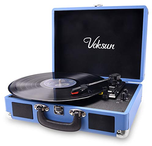 VOKSUN Giradischi, Bluetooth Giradischi Vinile Portatile con 2 Casse Incorporate, 3 Velocità 33/45/78 Giri per Dischi in Vinile, Supporto Trasforma il Vinile in Mp3 /USB/Uscita RCA (Azzurro)