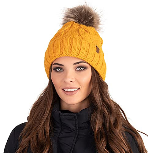 VIVISENCE Wintermütze Mit Bommel Damen Perfekte Passform Warmes Strickmütze Herbst Frauen Mütze Für Winter Aufgerolltem Design Für Extra Wärme Ideal Für Kalte Wintertage Modell, Honig,Einheitsgröße