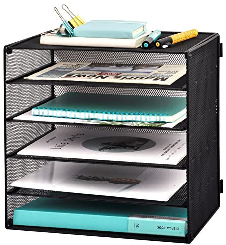 EASEPRES Letter Tray Desk Organiser, 5 Slots Mesh Paper Holder Storage Filing Trays for A4 Papers, Black