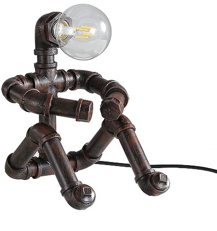 Kaj Hejmo Water Pipe Table Lamp Robot Style- Retro Industrial Steampunk Rustic Table Light- Vintage Farmhouse Desk Lamp for Bedroom,Office, Bedside, Nightstand, Baror or Shop (Rust-Style C)