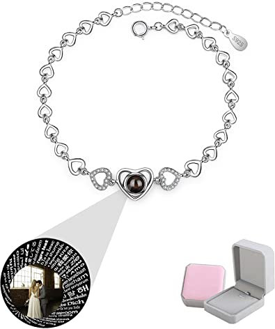wikkeny Personalized Photo Projection Bracelets, 925 Sterling Silver Custom Name I Love You 100 Languages Bracelet Jewelry Gifts Women Girls,Silver Full Color