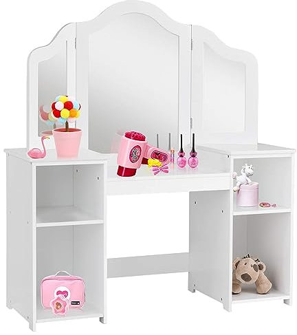 DREAMADE 2 in 1 Kinder Schminktisch mit abnehmbarem Spiegel, Prinzessin Frisiertisch aus Holz mit 4 offenen Ablagefach, Kinderschminktisch für Kinder Mädchen (Weiß-ohne Box & Hocker)