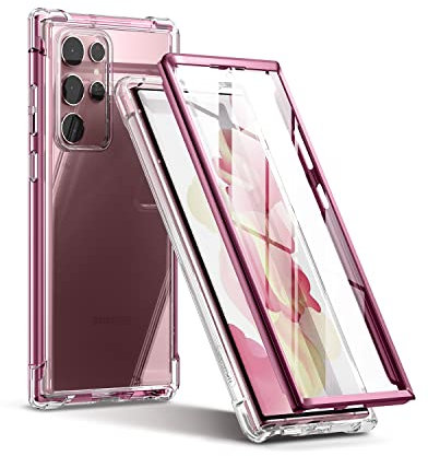 SURITCH für Samsung Galaxy S22 Ultra Hülle Schutzhülle 360°Stoßfest Transparent Front Und Rückenschutz Handyhülle TPU Bumper Eingebautem Displayschutz für Samsung S22 Ultra 6,8 Zoll-Lila Rot