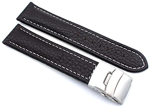 Sulla Genuine Leather Watch Strap with Stainless Steel Deployment Clasp White Stitching, dark brown, 24mm, Strap.
