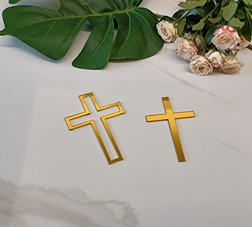 RUIXUAN 16pcs of Acrylic Cross Cake Topper,Cross Cake Charm for Baptism,Christening,Holy Communion Cake (4'', Gold Mirror)