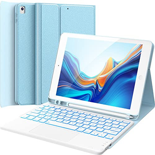 CHESONA iPad 9 Generation Hülle mit Tastatur, iPad 10.2 Taststur 9/8/7. Generation mit Touchpad, 7-Farbige Beleuchtung, 2 BT Kanäles, Wiederaufladbar Abnehmbare QWERTZ Tastatur für iPad 10.2, Blau