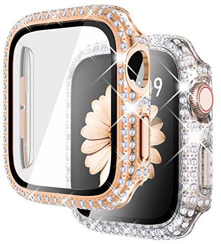 Fullife Confezione da 2 pellicole protettive per schermo compatibili con Apple Watch 44 mm iWatch Serie 6/5/4/SE (2025-2020), custodia protettiva in vetro temperato con strass (oro rosa/trasparente)