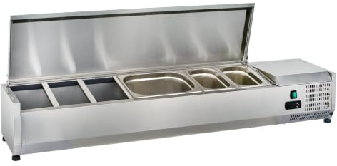 GastroHero Kühlaufsatz 7 x GN 1/4, Edelstahl VRXH1500/330SS | Zutatenkühlung 150 x 33 x 28 cm, digitales Thermostat, inklusive 5 Zwischenstege, mit statischer Kühlung 2 bis +8 °C
