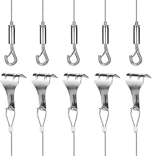 5Pcs Picture Hanging Wire Kit, 2m × Φ1.5mm Stainless Steel with Wire Adjustable Hook and Rail Moulding Hook, Heavy Duty Picture Wire Mirror Hanging Wire Rope Hold Up to 44lb/20kg