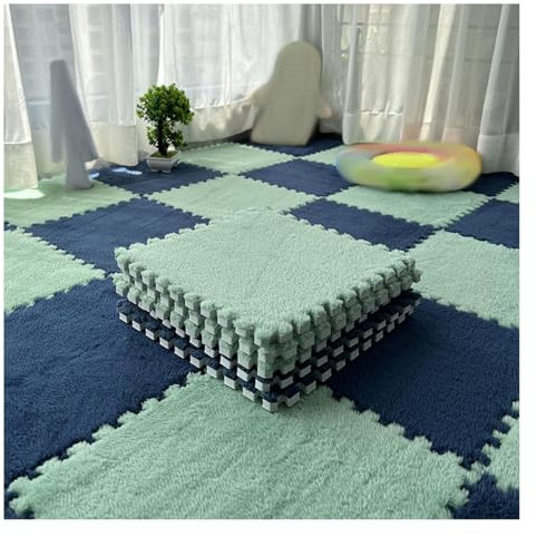 Lot de 10 Tapis Doux à Poils Longs, Carreaux De Moquette Moelleux Imbriqués, Carreaux De Sol Antidérapants pour Jeu De Puzzle, Tapis Sensoriel pour Salle Sensorielle(Color:Vert Clair+Bleu Marine)