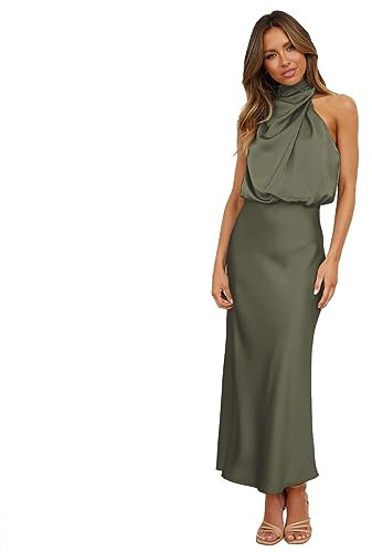 OBEEII Vestido largo de satén para mujer, sin mangas, cintura elástica, vestido de cóctel, elegante, formal, invitado de boda, fiesta, maxi, Verde militar., S