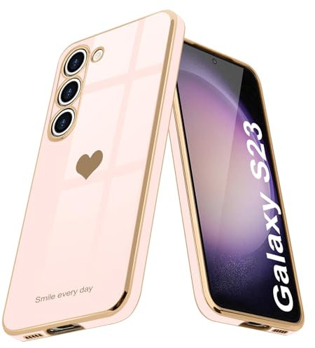 Teageo Coque Compatible avec Samsung S23 en Silicone TPU Galvanisé Or avec Motif Coeur d'amour Étui Antichoc pour Filles Femmes Housse de Protection pour Samsung S23 (Rose pâle)