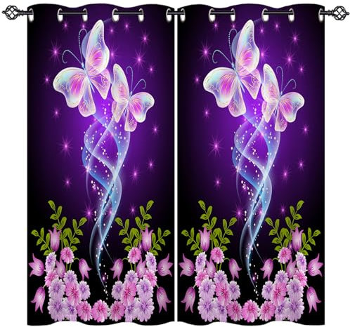 ANHOPE Schmetterling Blume Sterne Vorhänge mit Ösen Kinder Mädchen Gardinen Blickdichte Thermo Vorhang Blackout Curtain Schlafzimmer Wohnzimmer Verdunklungsvorhänge 2er Set H 138 x B 117 cm