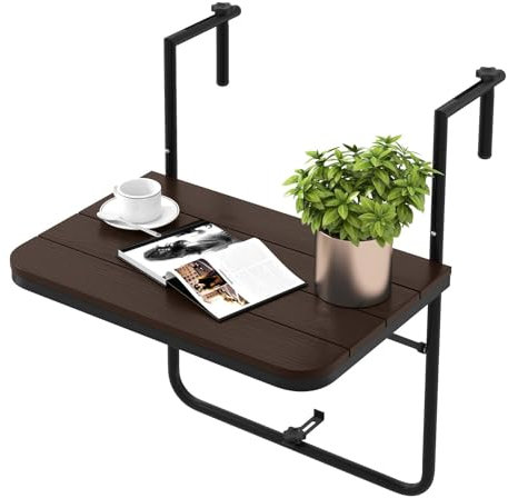 Multigot Balcony Hanging Table, Adjustable Folding Railing Side Table with Slatted Tabletop & 3 Adjustable Heights, Steel Frame Outdoor Coffee Tea Table for Balcony Garden Patio (Coffee)