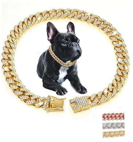 WeimoMonkey Hundehalsband, Diamant-Halskette, Metall, kubanisches Glieder-Hundehalsband, 13 mm breit, Haustierschmuck für Welpen, kleine, mittelgroße und große Hunde, Katzen, Gold (55,9 cm)