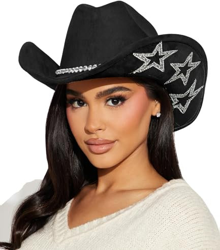 HilyBony Klassischer Western-Cowboyhut Shiny-Strass Stern Cowgirl Filzhut für Party-Kostüme