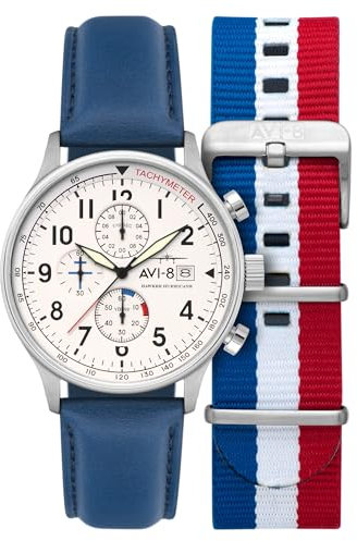AVI-8 Hawker Hurricane AV-4011 Herren-Chronograph, japanische Quarzuhr mit Lederband, 42 mm, blau/weiß, Klassischer Chronograph