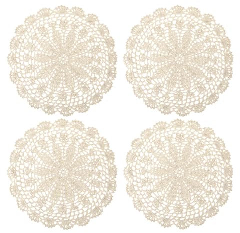 Crochet Doilies, 4 Pcs 10 Inch Beige Doilies for Tables Vintage Doilies for Furniture, Round Handmade Lace Placemats Knitted Tablecloth Corrugated Edge for Kitchen Dining Room Wedding Party Decor