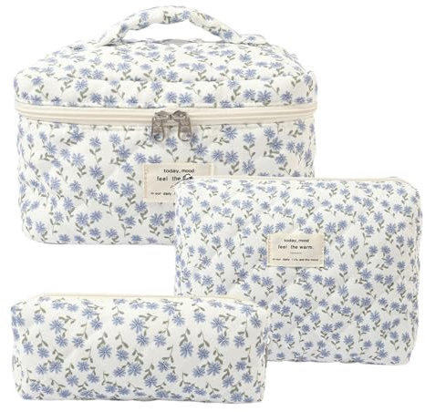 Damen Gesteppte Kulturtasche, 3 Stück Kosmetiktasche, Blumenmuster Kulturbeutel Set, Reisen Schminktasche Gedruckt, Baumwolle Make up Bag für Frauen Mädchen (Blaue Blumen)