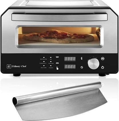 Culinary Chef Forno per pizza da interno con cottura rapida, 3 modalità di calore, rack XL, doppio controllo della temperatura, funzioni preimpostate, taglierina e pietra rimovibile, acciaio
