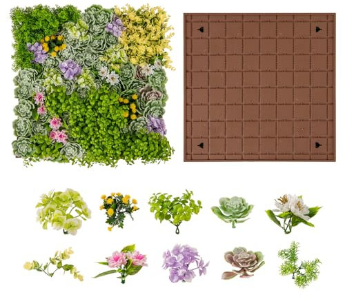 COSTWAY 2er Künstliche Hecke Pflanzenwand, 50 x 50 cm, Paneele mit vielfältigen Kunstpflanzen, Simulierter Rasen, Wandpaneele Wandpflanze, Künstliche Pflanze für Wand Balkon Garten, Grün (10 Arten)