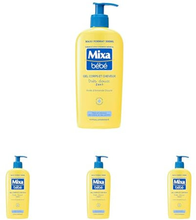 Mixa Bébé Gel Très doux 2 en 1 corps et cheveux 300ml, 300.0 millilitre (Lot de 4)