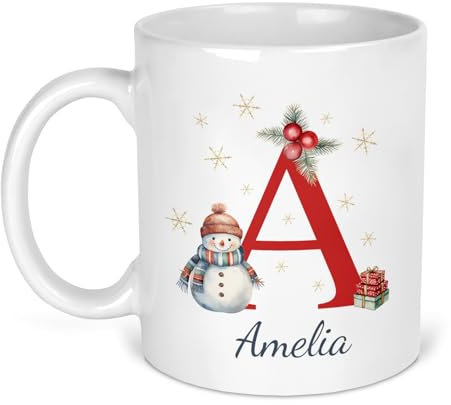 Personalised Christmas Mug with Initial & Name - Custom Festive Coffee & Hot Chocolate Mug - Perfect Xmas Gift for Christmas Eve Box, Secret Santa Present, Family, Friends, Kids, Mum & Dad (Snowman)