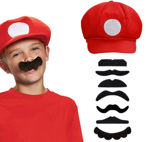 WUSJCOF Spaßhut für Erwachsene, Faschingskostümset für Männer mit selbstklebendem Schnurrbart für Faschingsparty (rot)