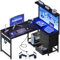 Coleshome Escritorio Gaming con LED, 110 x 80 cm Reversible Mesa Gaming con Cajones y Tomas de Corriente, Escritorio Esquinero con Estantes y Espacio de Almacenamiento, Negra