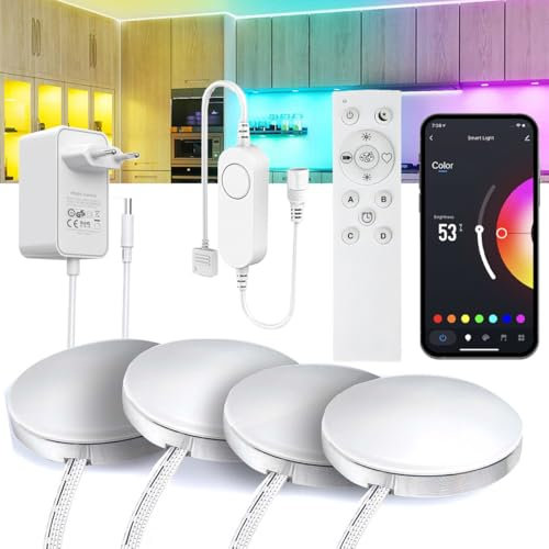 WiFi RGB unterbauleuchte küche led 4 PCS Aluminium Runde Kit für Alexa, Google Assistent, App mit 2.4G RF fernbedienung Musik Sync LED Licht mit Timmer Dimmable Schrankbeleuchtung led