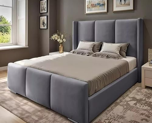 4FT6 Double Ottoman Storage Solid Divan Base Bed Frame Wing Panel Headboard Upholstered In Grey Plush Velvet Bed Frame End Lift - No Mattress (Grey, 4FT6 Double Frame With Gas Lift Storage)