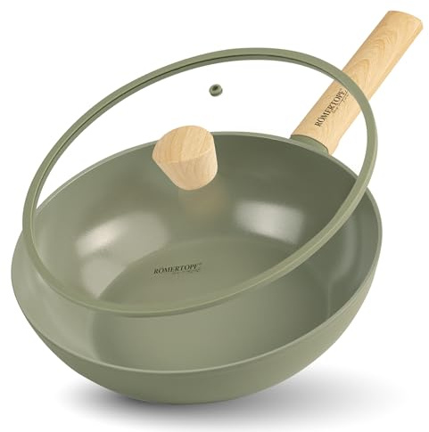 Romertopf Wok 28 cm mit Glasdeckel, 3,52 l Fassungsvermögen, Aluminium mit Keramik Antihaftbeschichtung, für alle Herdarten inklusive Induktion geeignet, grün