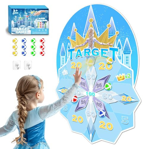 GirliGlee Jeux Flechette Enfant,Fléchettes 66cm avec 12 Balles,Cible Collante Flechette Enfant, Jouet Intérieur Extérieur pour Fille 3 4 5 6 7 8 9 Ans,Decoration Anniversaire Reine des Neiges