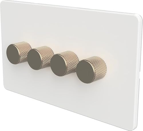 Flat Trailing Edge 2 Way LED Dimmer Switch Rotary Push On/Off for Dimmable LED and Halogen Lights - White/Brass 4-Gang
