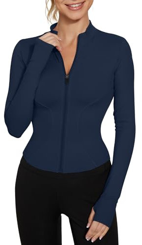 IECCP Womens Gym Jacket Long Sleeve Sports T-Shirt Fitness Workout Yoga Crop Tops Ladies Running Tee Shirts Full Zip Breathable Activewear with Thumb Holes Navy Blue