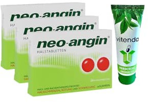 neo-angin® Halstabletten – Lutschtabletten gegen Halsschmerzen 3x24 Stück inclusive einer Handcreme von vitenda - mit antiseptischer Wirkung und kühlendem Effekt
