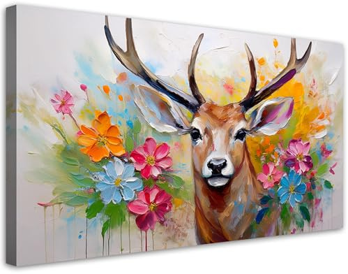 Feeby Leinwand Bilder - Bild Wohnzimmer - Rehe Blumen Abstrakte Tiere - 120x60 1tlg - Deko Schlafzimmer Groß - Dekoration Canvas - Gemälde - Modern Wandbilder - Kunstdruck