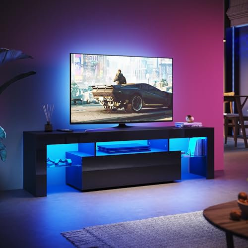SUNXURY TV Schrank 160cm mit LED Beleuchtung TV Board Schwarz Lowboard mit Glasregal Fernsehtisch 160 x 45 x 35 cm (B/H/T)