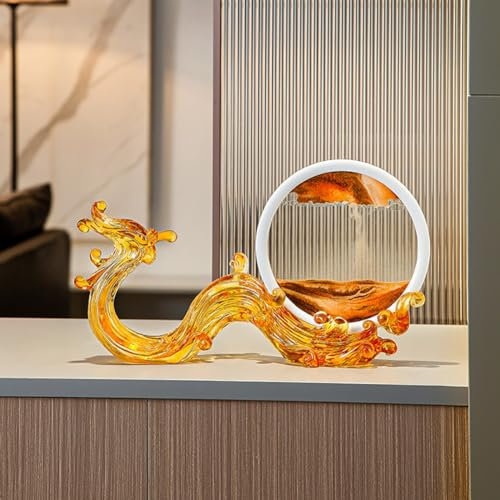 Peinture de sable en mouvement, Image d'art de sable mobile, sablier rond en verre 3D, décor de paysage de sable, 35,5 cm/13,9 pouces, caoutchouc, plastique ou miroir, base en bois massif(C)