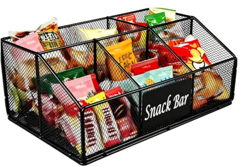 Metall Snack Organizer Küche mit 5 Fächern Schwarz Snackbox Aufbewahrung | Snackbar für Riegel,Chips und Süßigkeiten,offene Aufbewahrung für Getränke und kleine Vorräte bei Büro, Partys oder am Tisch