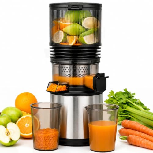 AMZCHEF Extractor de Zumos 158 mm Boca XXL, Licuadora de Prensado en Frío | para Frutas y Verduras, Slow Juicer 2L con Vaso de Pulpa y Vaso de Zumo, Fácil Limpieza, Motor Silencioso, Acero Inoxidable