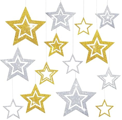 Glitzer Sterne zum Aufhängen Gold Silber,14 STK Weihnachtsdeko Stern zum Aufhängen,Weihnachtssterne Deko,Weihnachtsanhänger Deko Sterne Weihnachten für Weihnachtsbaum,Deckenhänger,Neujahr Winter Deko