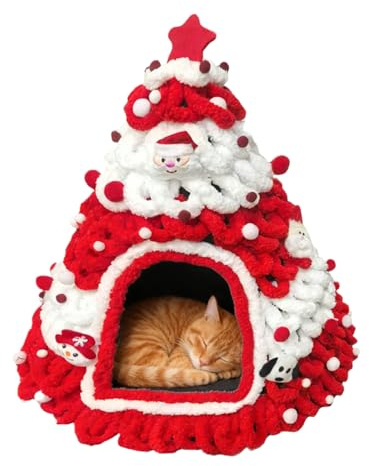 Cat Bed Cave | Tree Design Knit Warm Nest | Warm Christmas Tree Cat Bed | for Puppy Kitten Small Animal Indoor Outdoor Home Winter Sleeping