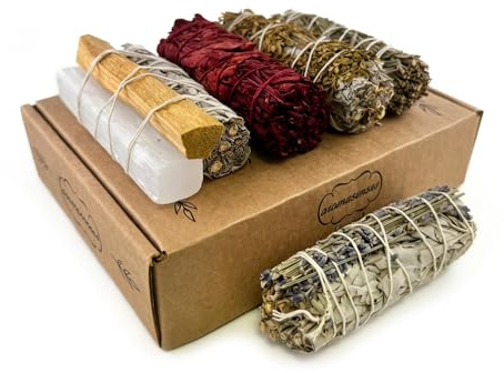 AROMASENSES | Pack 5 Atados Sagrados | Salvia Blanca con Palo Santo y Selenita, Salvia con Ruda y con Lavanda, Romero y Sangre de Dragón | Sahumerios para Rituales de Limpieza y Protección