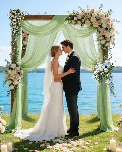 ugaxhome 2 Stück 75x600cm Hochzeit Vorhang Chiffon-Stoff Hochzeitsbogen Traubogen Vorhang Querbehang Hochzeits Hintergrund Volant Vorhäng Hängender Effekt für Hochzeit Fotografie Zeremonie (Grün)