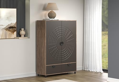 trendteam smart living Fusion Highboard Dunkelbraun/Perlbronze Hochzeitsschrank mit elegantem Muster (BxHxT) 120 x 163 x 42 cm Chinesischer Stil Soft-Close-Funktion