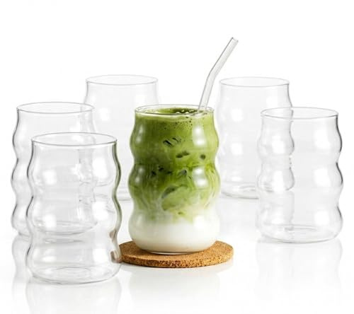 vienberg 6er Set Matcha Gläser 400ml mit Bubble & Ripple Design – Trinkgläser für Matcha Latte, Iced Coffee & Smoothies – Geriffelte Wellengläser, spülmaschinenfest (Bubble, 400, Milliliter)