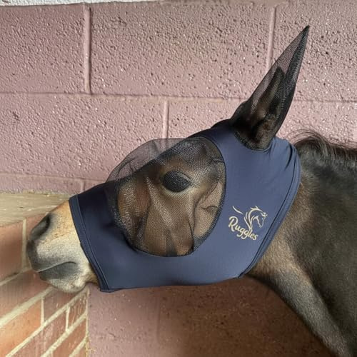 Ruggles Shetland Miniature Section A Pull On Fly Mask With Ears | Stretch Lycra | Horse & Pony Eye Protection | Standard Shetland & X-Mini Sizes (Navy, X-Mini)
